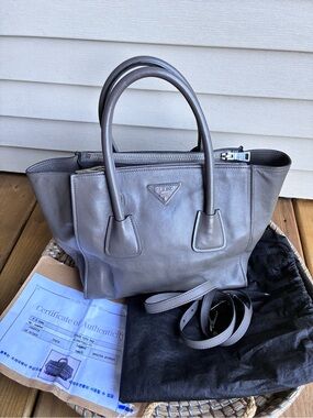 Prada Gray Leather Shoulder Tote 2 way double zip